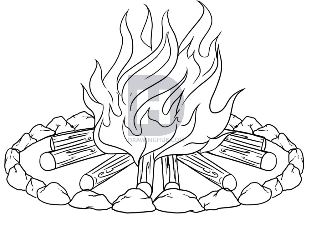 1010x720 how to draw a campfire, step - Campfire Drawing