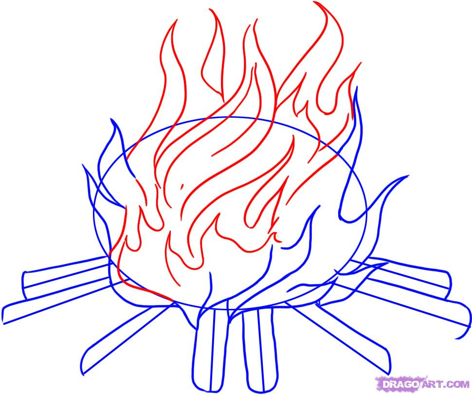 970x812 how to draw a campfire step - Campfire Drawing