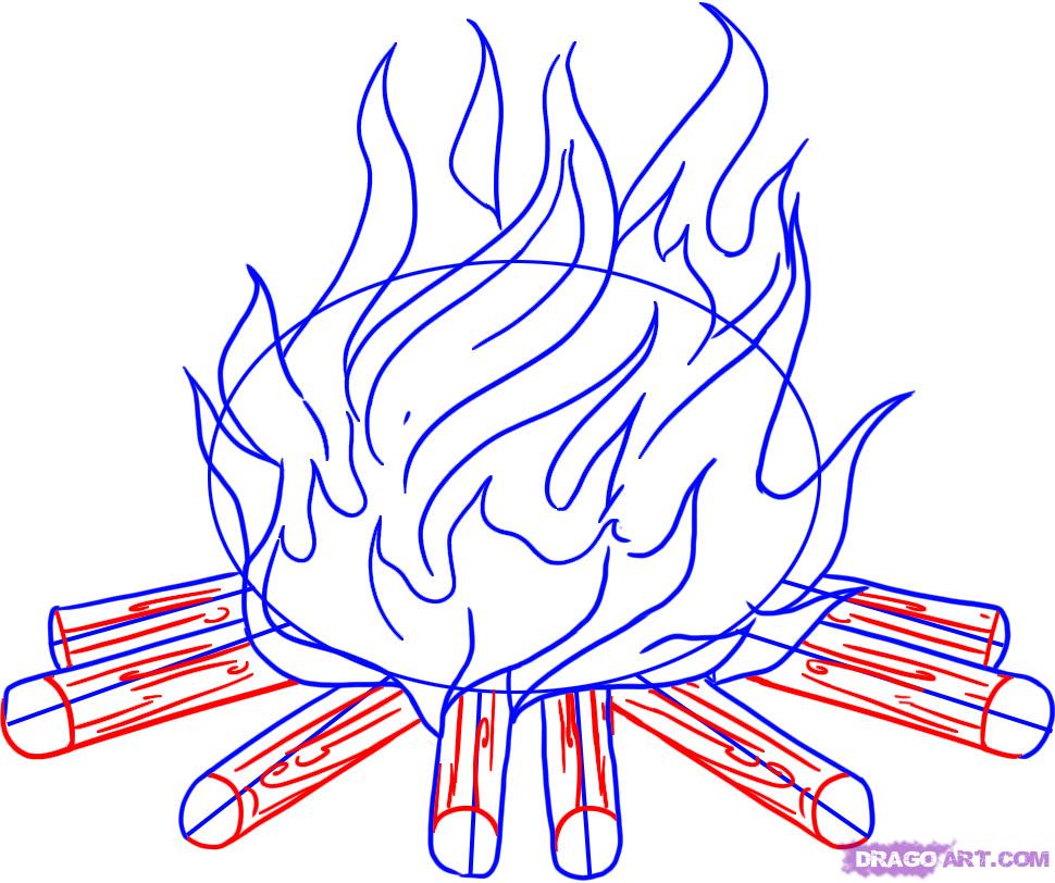 970x812 how to draw a campfire, step - Campfire Drawing