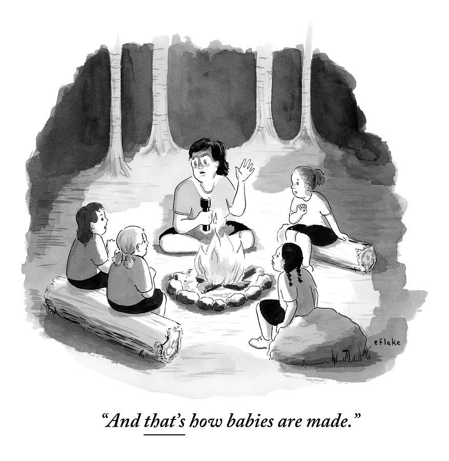 876x900 woman sitting around campfire with four children drawing - Campfire Drawing