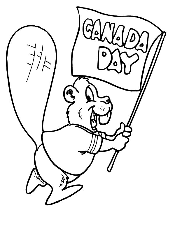 600x776 canadian beaver waving canada flag on national canada day coloring - Canadian Beaver Drawing