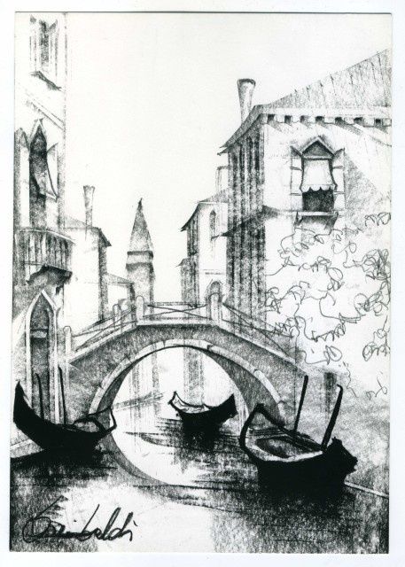 457x640 canal scene, original venice charcoal drawing, series iii, item - Canal Drawing