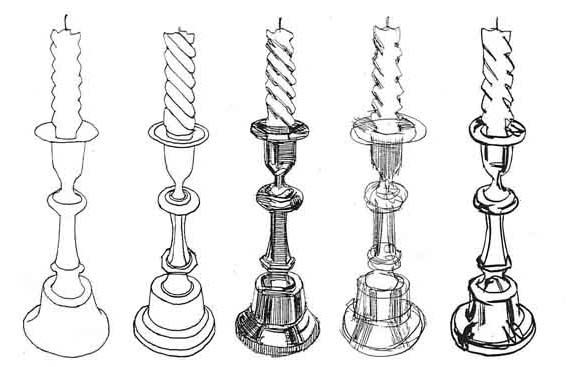 566x367 a line drawing of different types of candles in pen and pencil - Candle Drawing