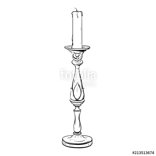 500x500 Retro Candle With A Candlestick In A Sketch Style Stock Image - Candlestick Drawing