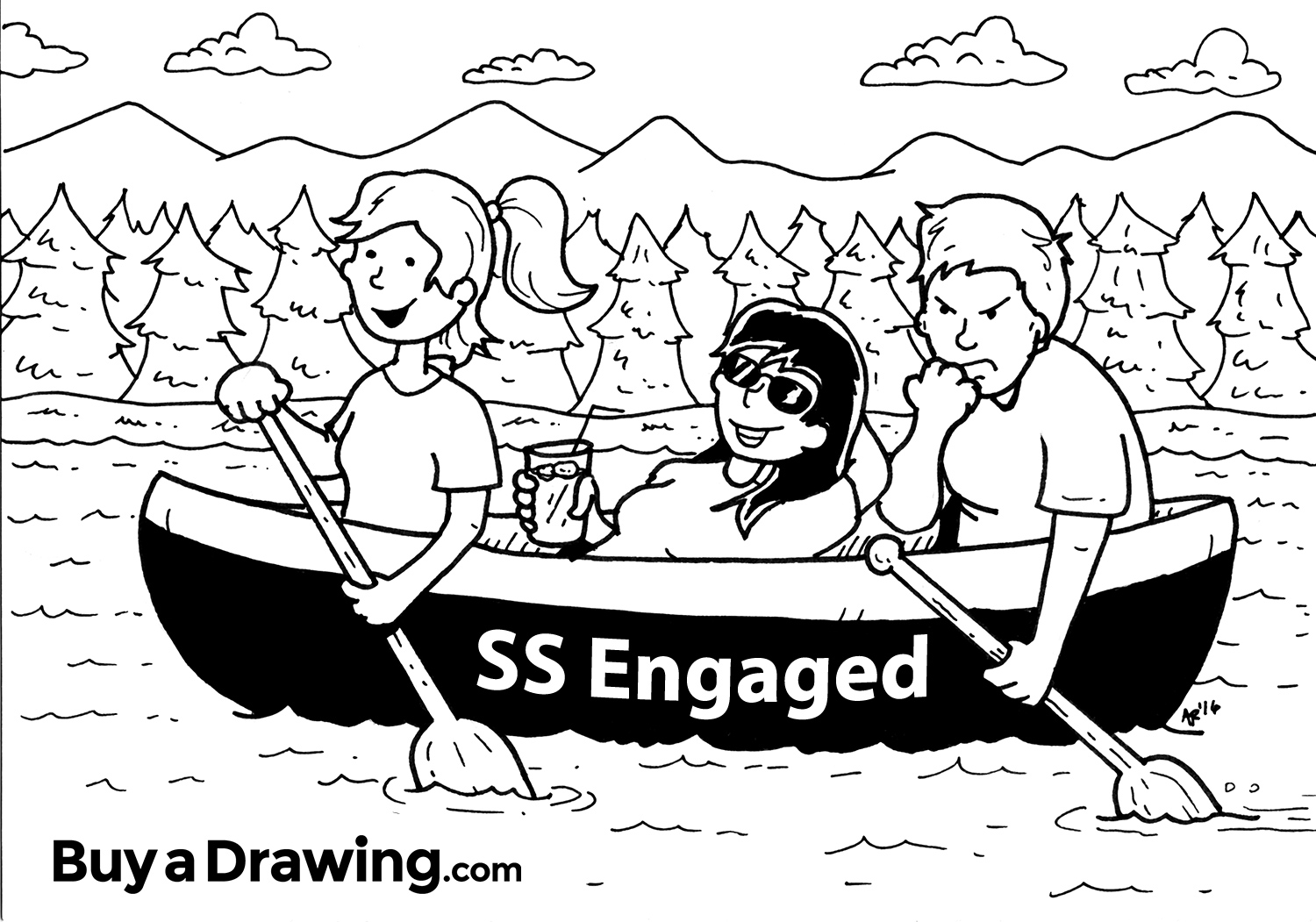 1500x1051 three people in a canoe black and white cartoon drawing - Canoe Drawing