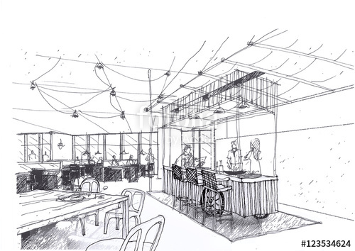 500x354 Outline Sketch Drawing And Paint Of A Interior Space, Office - Canteen Drawing