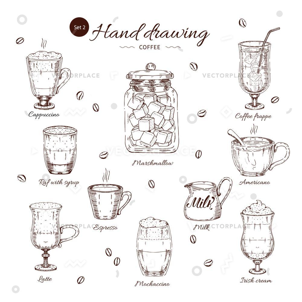 1000x1000 coffee hand drawn monochrome set cappuccino vector illustration - Cappuccino Drawing
