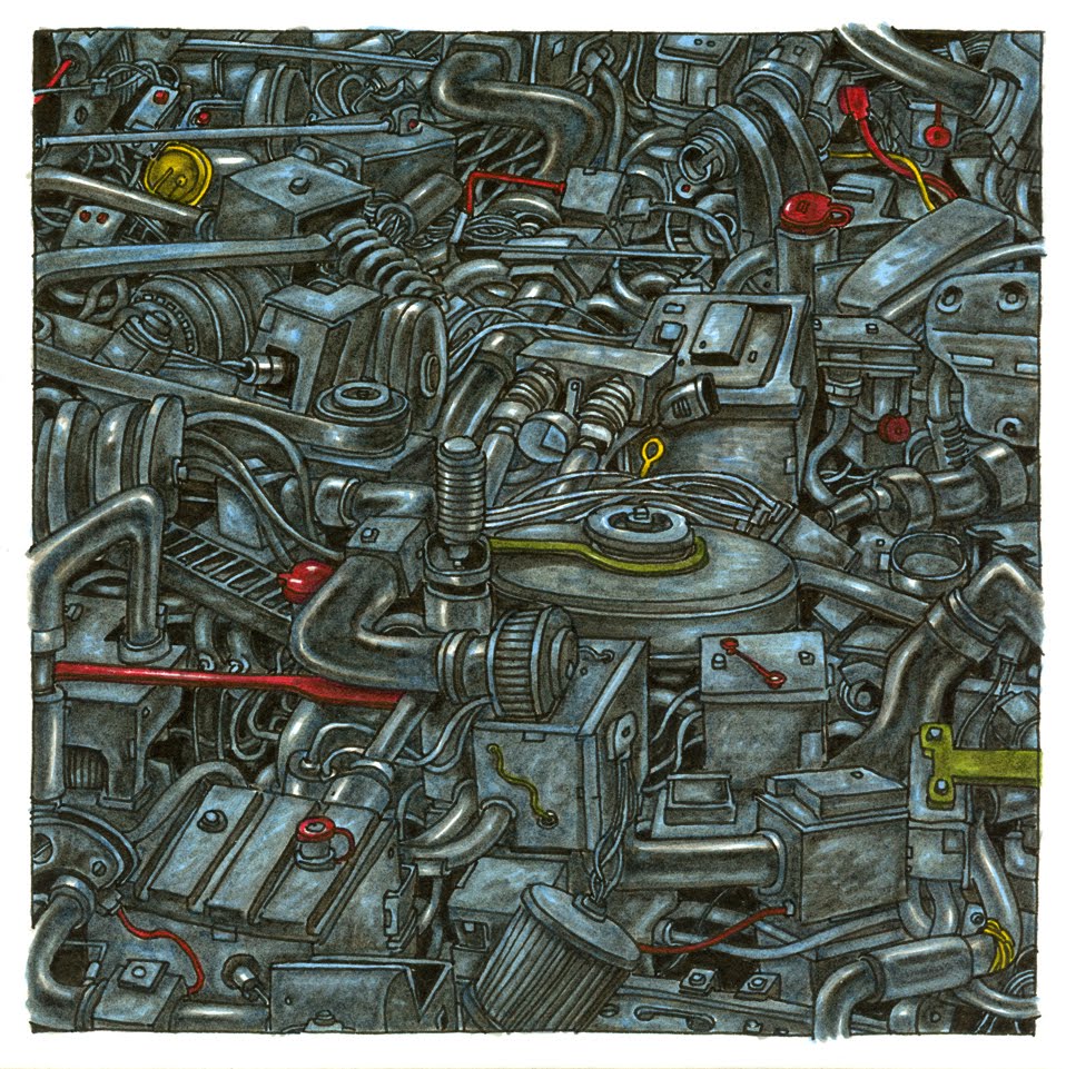 958x961 Marc Bell Dept The Car Engine Invitational Drawing Show - Car Engine Drawing