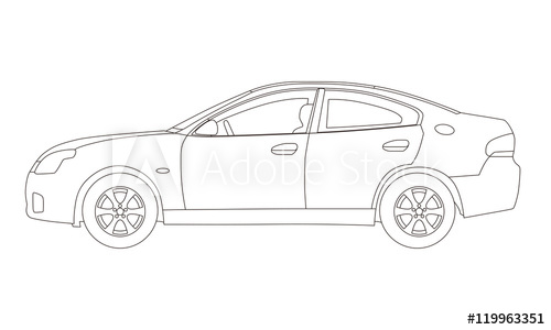 500x300 generic four door sedan car side view, line drawing illustration - Car Line Drawing