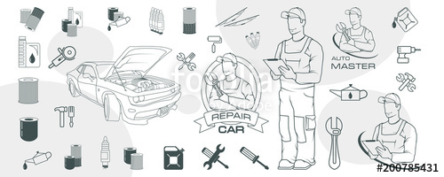 500x200 set of different car repair elements auto service logo sar - Car Repair Drawing