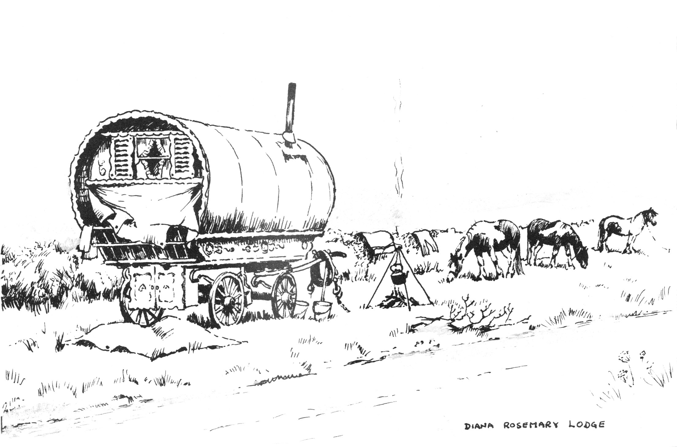2210x1462 romany gypsy wagon and horses drawing diana rosemary lodge - Caravan Drawing