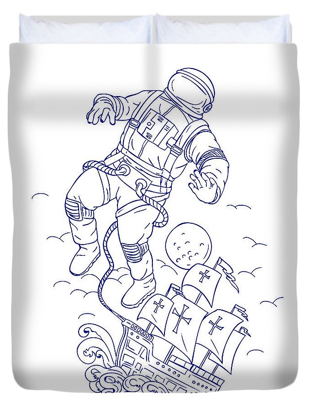 645x853 Astronaut Tethered Caravel Ship Drawing Duvet Cover For Sale - Caravel Drawing