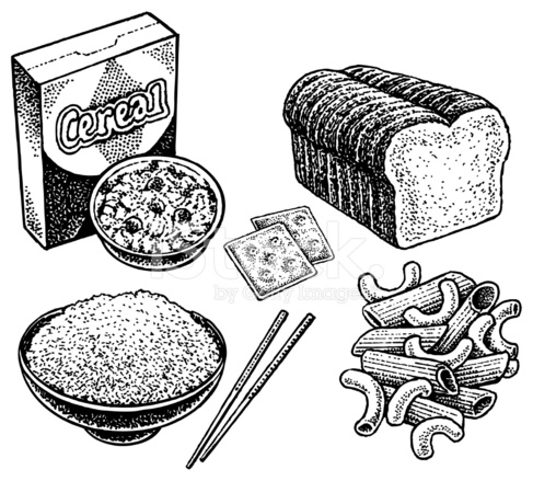 487x439 carbohydrates crackers, bread, cereal, rice, pasta stock vector - Carbohydrates Drawing
