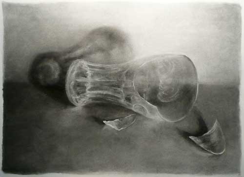 500x364 Broken Coke Glass Charcoal Still Life Drawing - Carbon Drawing