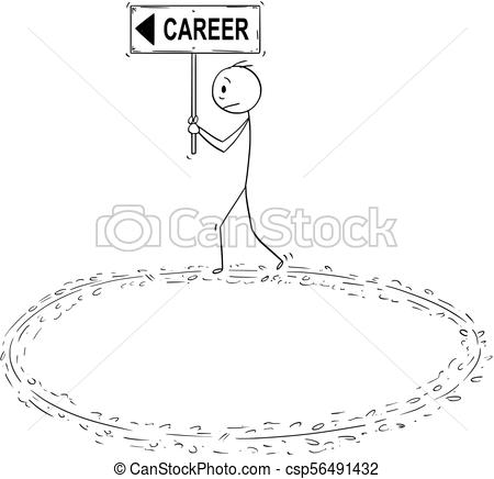 450x436 cartoon of businessman holding career sign and walking in circle - Career In Drawing
