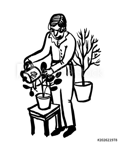 417x500 Pechatpicture Drawing Of An Elderly Man With Glasses Watering - Caring Drawing