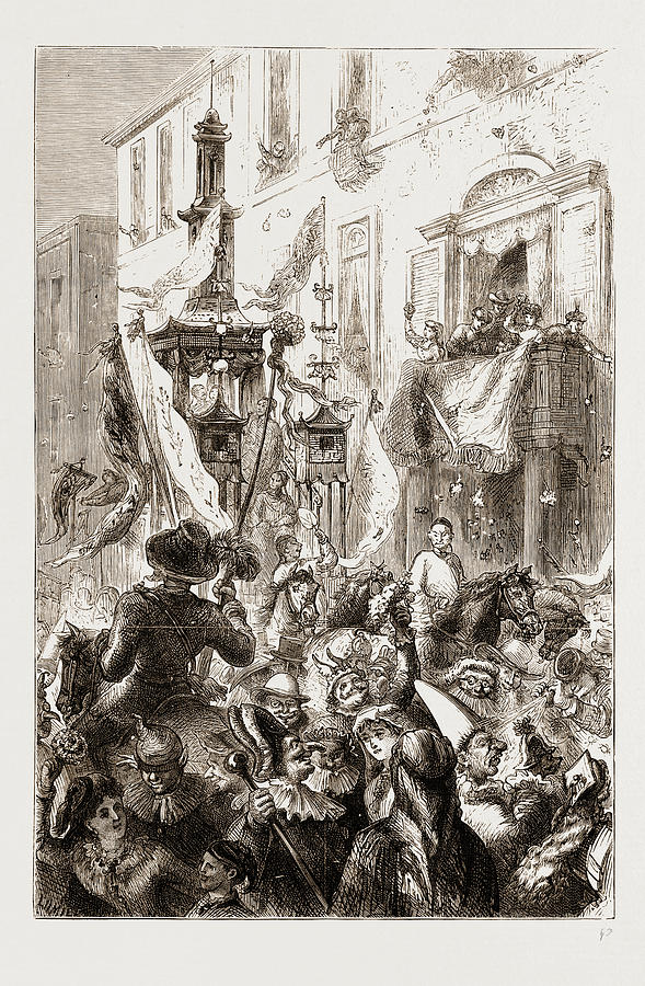 589x900 the carnival at rome, italy, masks in the corso drawing - Carnival Drawing
