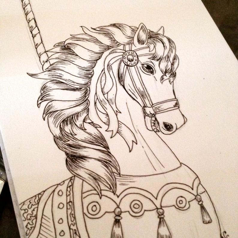 794x794 original ink drawing carousel horse inches hand drawn etsy - Carousel Horse Drawing
