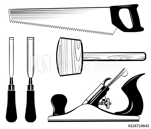 500x427 woodworking and carpentry tools set vector mallet, jack plane - Carpentry Tools Drawing