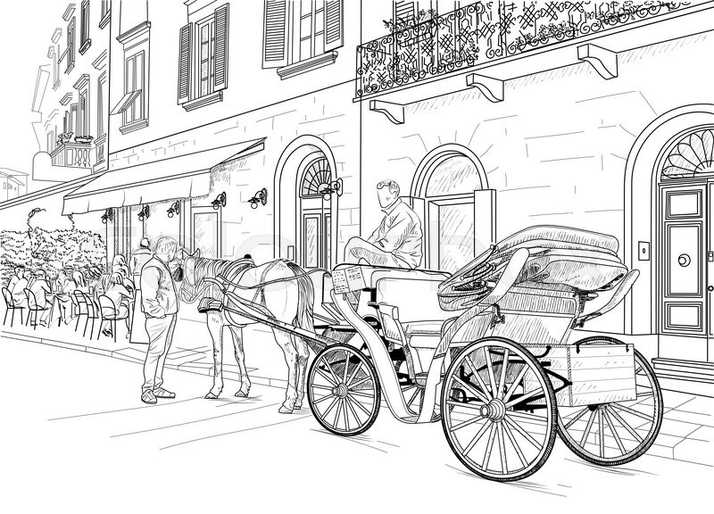800x576 Drawing Horse Carriages On The Streets Stock Vector Colourbox - Carriage Drawing
