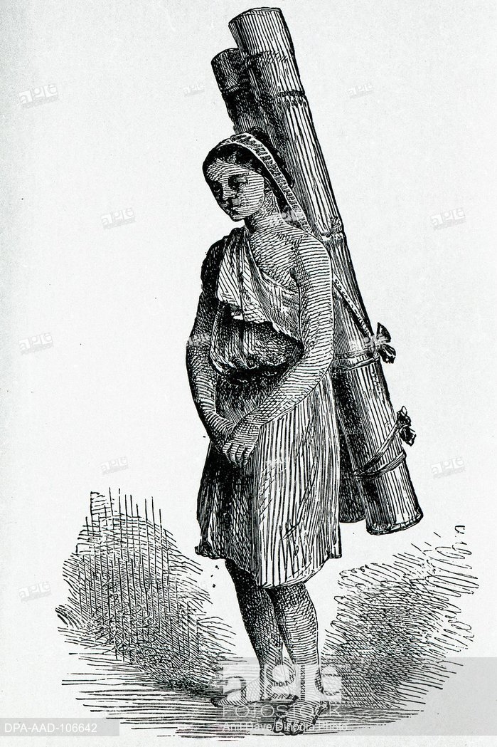 699x1049 drawing of lepcha girl carrier with a bamboo - Carrier Drawing