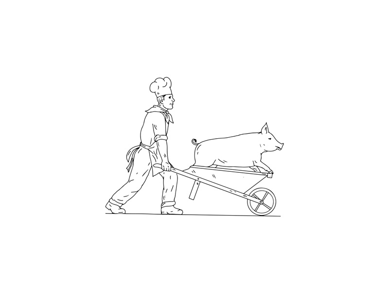 800x600 Chef With Wheelbarrow And Pig Drawing Black And White - Carry Drawing