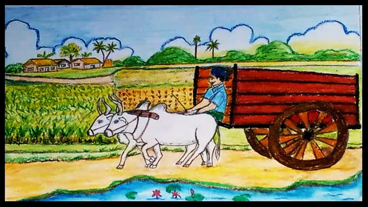 1280x720 how to draw a village scenery with bullock cart gorur gari - Cart Drawing