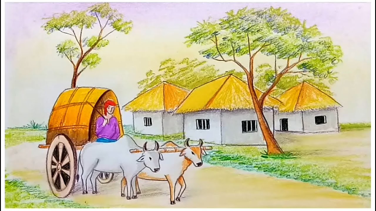 1280x720 how to draw scenery of bullock cart step - Cart Drawing
