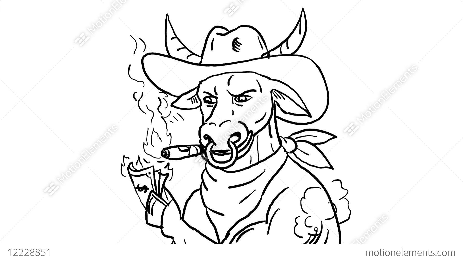1920x1080 Cowboy Bull Smoking Cigar Drawing Animation Stock Animation - Cartoon Bull Drawing