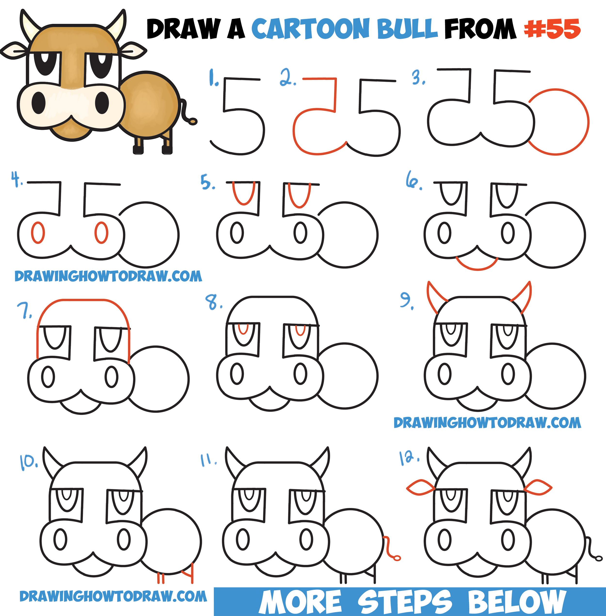 2500x2538 How To Draw A Cartoon Bull Cow From Numbers Letters Easy Step - Cartoon Bull Drawing