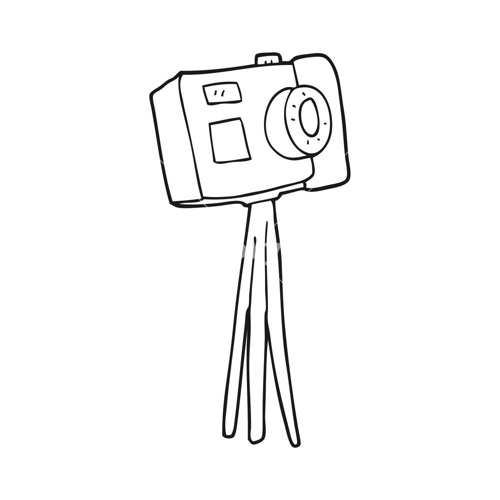 1000x1000 Freehand Drawn Black And White Cartoon Camera On Tripod Royalty - Cartoon Camera Drawing