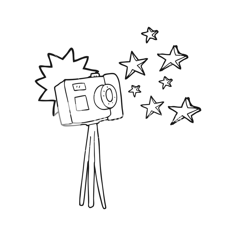 1000x1000 Freehand Drawn Black And White Cartoon Camera On Tripod With Flash - Cartoon Camera Drawing