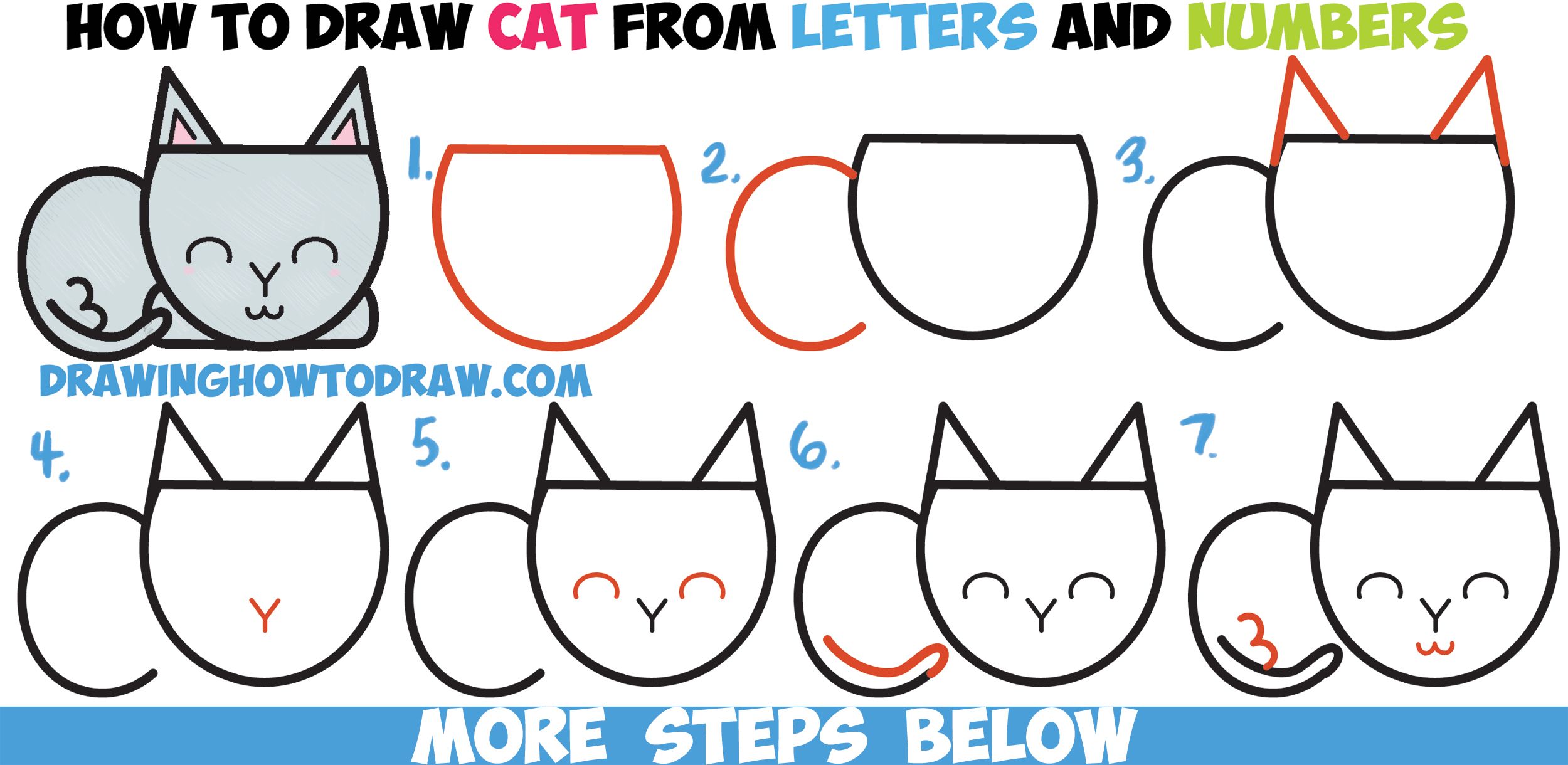 2500x1220 How To Draw A Cute Cartoon Cat Completely From Letters, Numbers - Cartoon Cat Drawing Tutorial