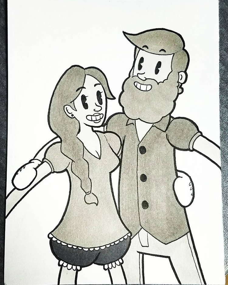 750x937 character artist illustrates himself and his girlfriend - Cartoon Couple Drawing