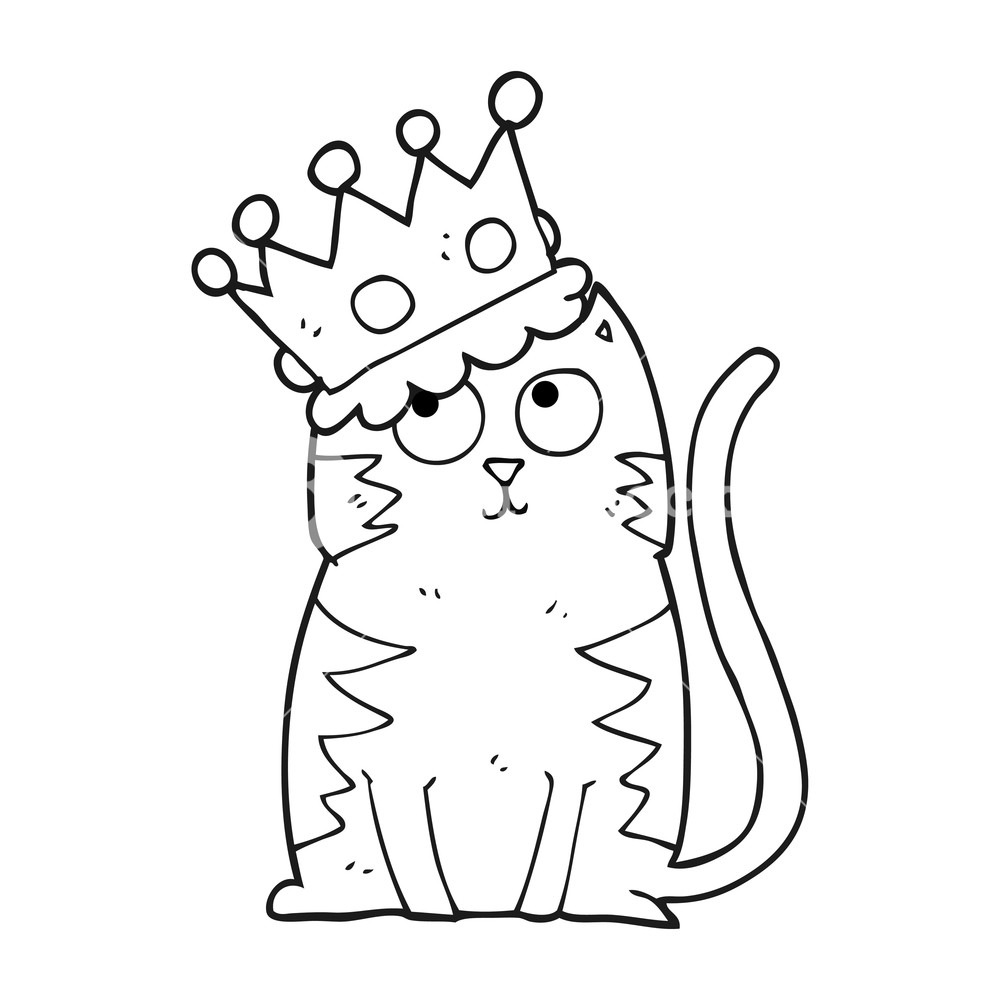 1000x1000 Freehand Drawn Black And White Cartoon Cat With Crown Royalty Free - Cartoon Crown Drawing