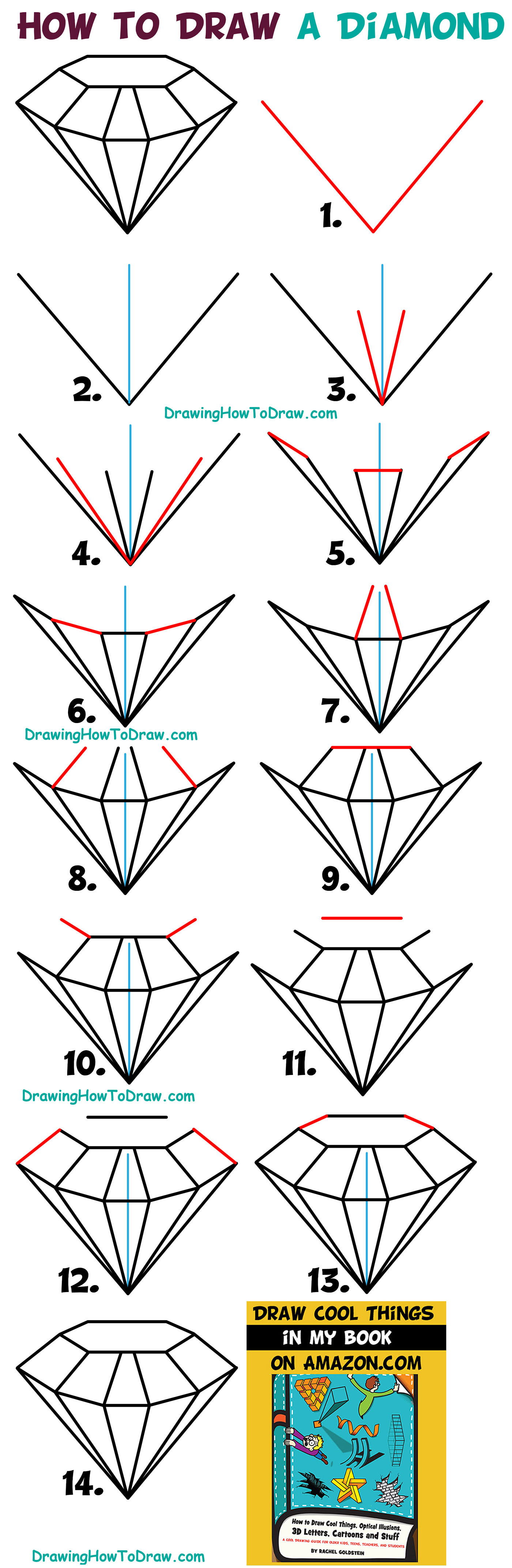1400x4285 How To Draw A Diamond Easy Step - Cartoon Diamond Drawing