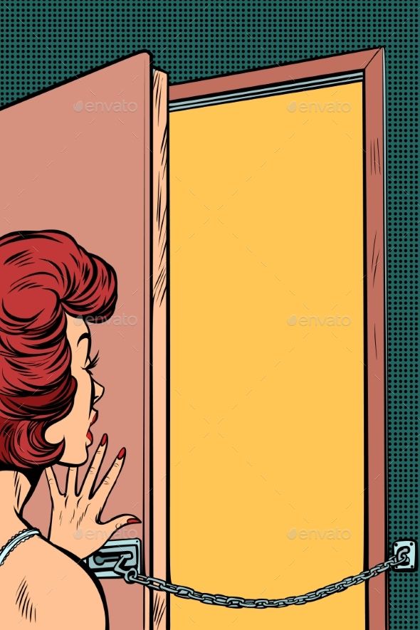 590x885 a woman opens the door pop art retro vector illustration comic - Cartoon Door Drawing