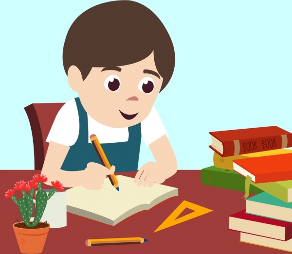 600x523 Childhood Drawing Boy Writing Colored Cartoon Design Free Vector - Cartoon Drawing Boy