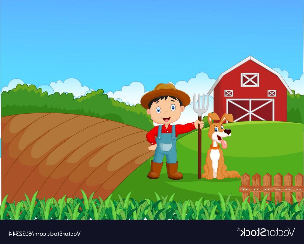 1000x803 Best Cartoon Little Farmer And His Dog With Farm Backgr Vector Drawing - Cartoon Drawing Of A Farm