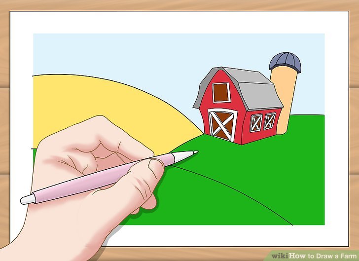 728x529 How To Draw A Farm Steps - Cartoon Drawing Of A Farm