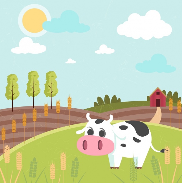 598x600 Agricultural Farm Drawing Cow Field Icons Colored Cartoon Free - Cartoon Drawing Of A Farm