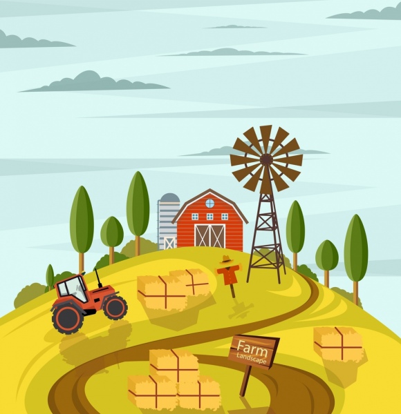 580x600 Agriculture Farm Drawing Multicolored Cartoon Design Free Vector - Cartoon Drawing Of A Farm