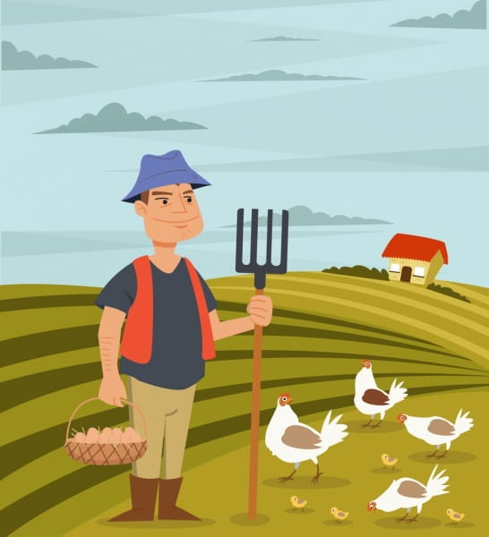 546x600 Agriculture Work Drawing Farmer Poultry Icons Colored Cartoon - Cartoon Drawing Of A Farm