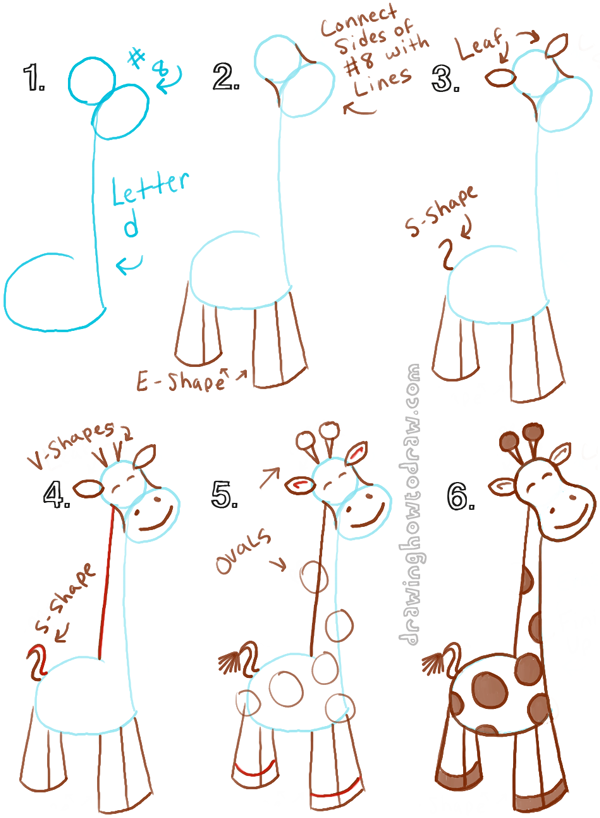 600x818 Big Guide To Drawing Cartoon Giraffes With Basic Shapes For Kids - Cartoon Drawing Tutorials
