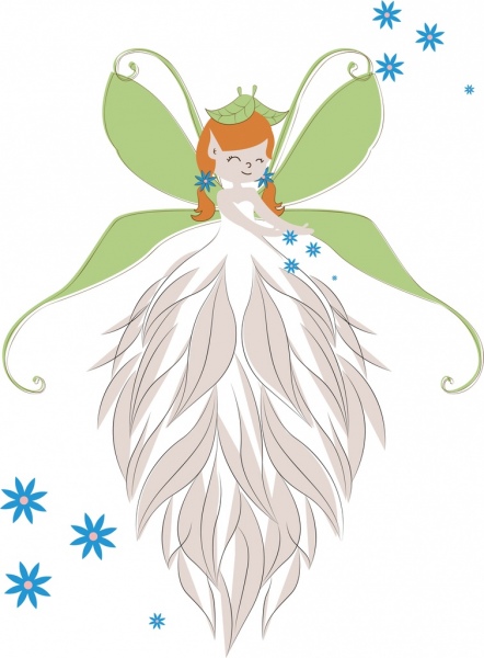 442x600 Fairy Drawing Cute Girl Wings Feathers Icons Decor Free Vector - Cartoon Fairy Drawing