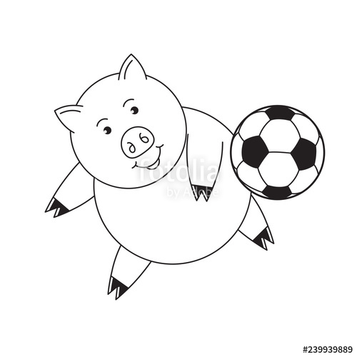 500x500 black and white cute pig cartoon playing foot ball isolated - Cartoon Foot Drawing