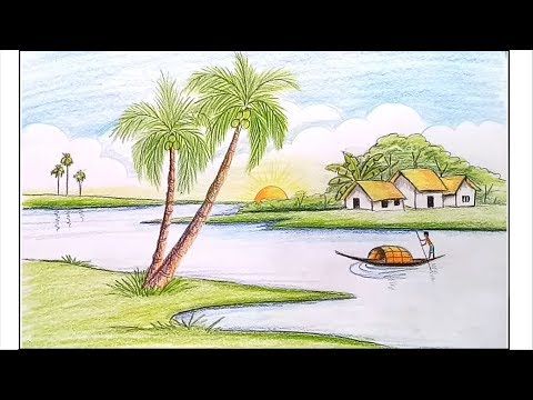 480x360 How To Draw Riverside Landscape Village Scenery Step - Cartoon Landscape Drawing