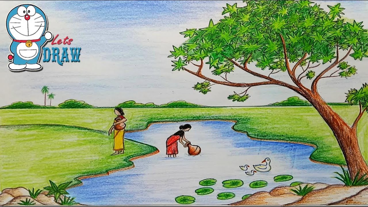 1280x720 How To Draw Scenery Of Pond Ghat Step - Cartoon Landscape Drawing