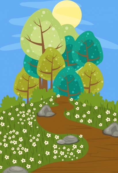 410x600 Nature Landscape Drawing Water Colored Cartoon Design Free Vector - Cartoon Landscape Drawing