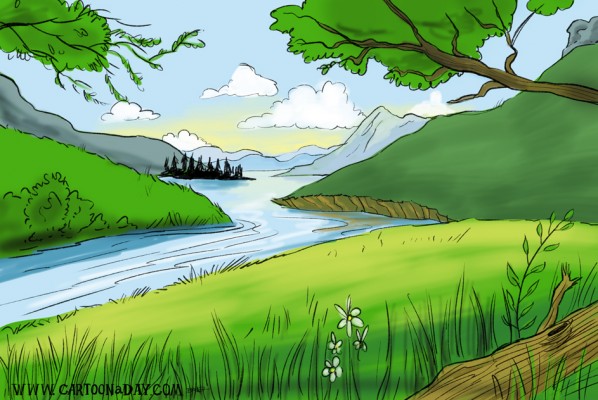 598x400 peaceful mountain brook landscape cartoon - Cartoon Landscape Drawing